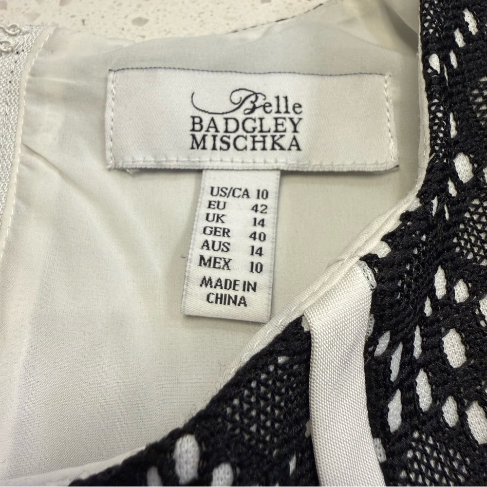 Belle Badgley Mischka Lace Bodice Fit Flare Dress Size 10 Black White - Picture 2 of 13